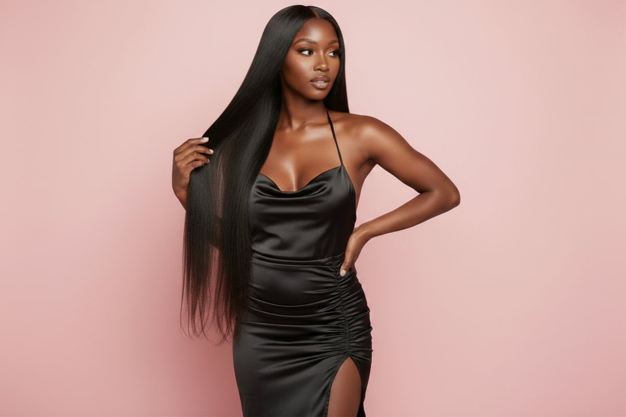 Model 1 – Straight hair, hand on hip touching hair